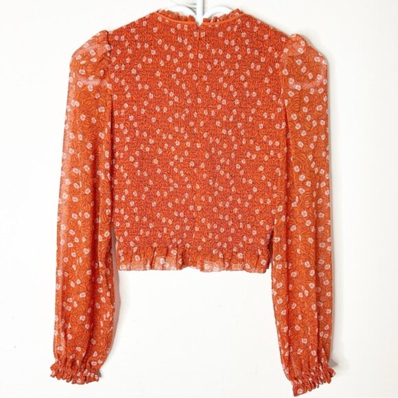 Aritzia Wilfred Lilith Blouse Cropped Smocked Floral Long sleeve Orange Size XS - Picture 15 of 16